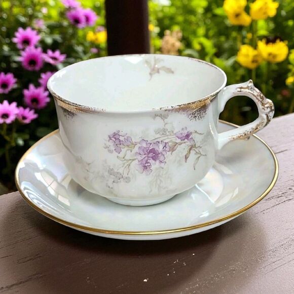 Antique Haviland Limoges Teacup Noritake Saucer Violet Floral Gold Rim Iridescen - Picture 1 of 15